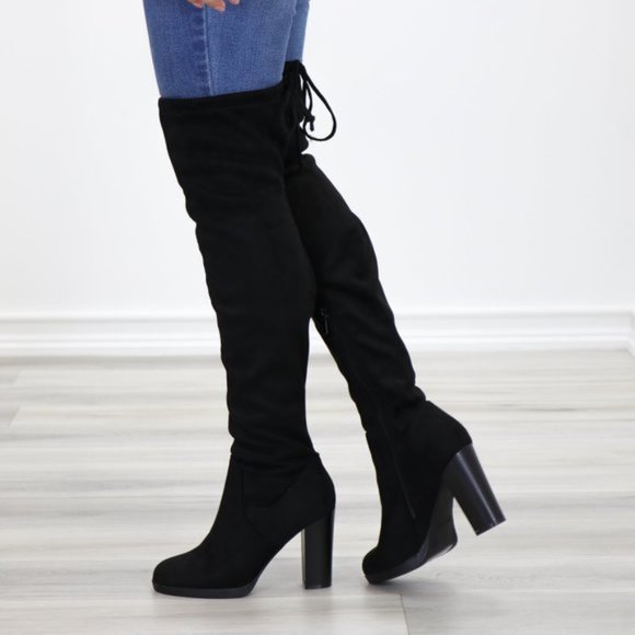 Tie Back Over Knee Heeled Sleek Boots Suede Black - Picture 10 of 15